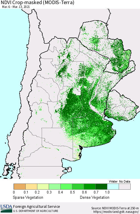 Southern South America Cropland NDVI (Terra-MODIS) Thematic Map For 3/11/2021 - 3/20/2021