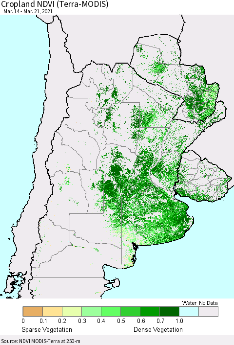 Southern South America Cropland NDVI (Terra-MODIS) Thematic Map For 3/14/2021 - 3/21/2021