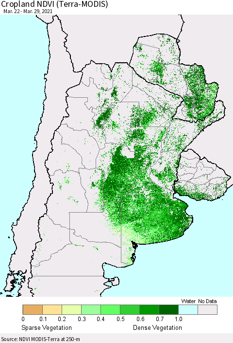 Southern South America Cropland NDVI (Terra-MODIS) Thematic Map For 3/22/2021 - 3/29/2021