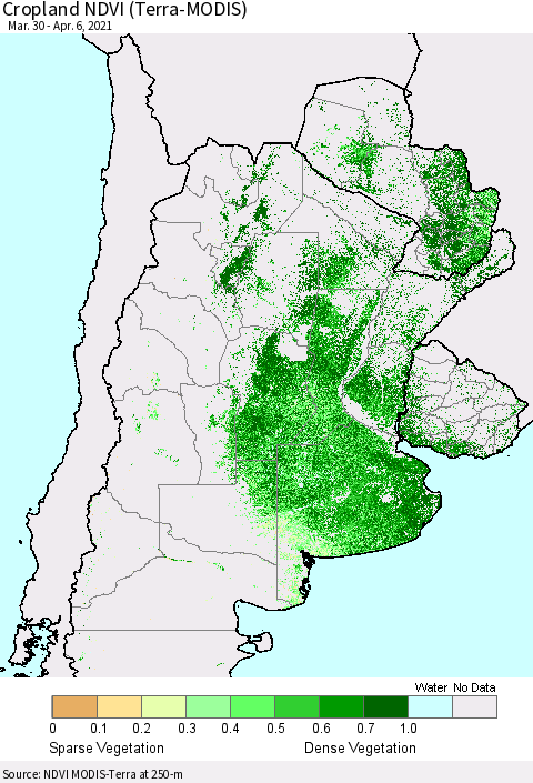 Southern South America Cropland NDVI (Terra-MODIS) Thematic Map For 3/30/2021 - 4/6/2021