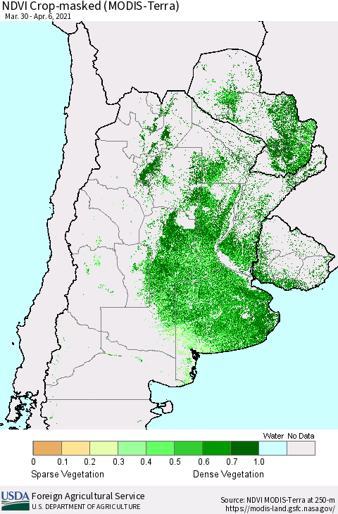 Southern South America Cropland NDVI (Terra-MODIS) Thematic Map For 4/1/2021 - 4/10/2021