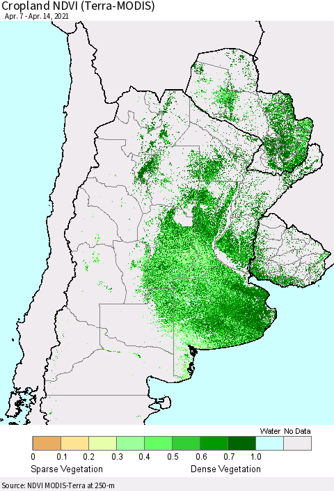 Southern South America Cropland NDVI (Terra-MODIS) Thematic Map For 4/7/2021 - 4/14/2021