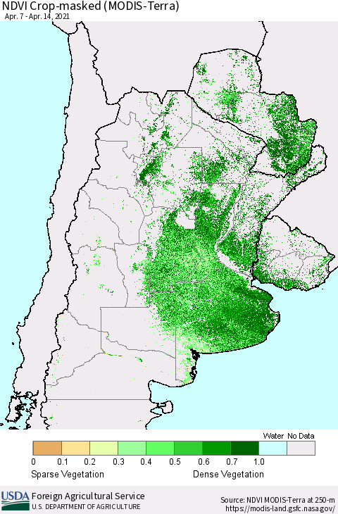 Southern South America Cropland NDVI (Terra-MODIS) Thematic Map For 4/11/2021 - 4/20/2021