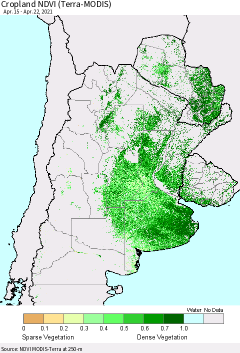 Southern South America Cropland NDVI (Terra-MODIS) Thematic Map For 4/15/2021 - 4/22/2021