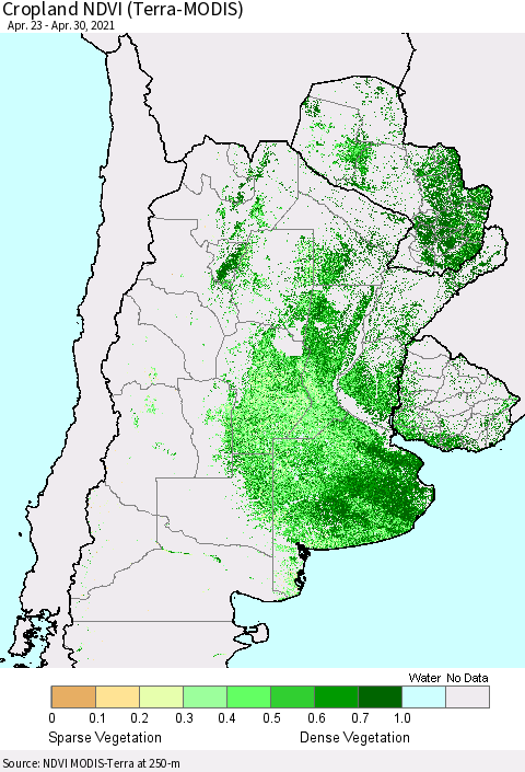 Southern South America Cropland NDVI (Terra-MODIS) Thematic Map For 4/21/2021 - 4/30/2021