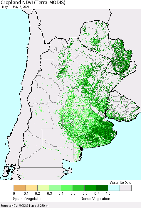 Southern South America Cropland NDVI (Terra-MODIS) Thematic Map For 5/1/2021 - 5/8/2021