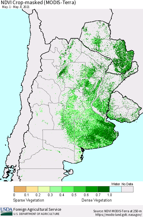 Southern South America Cropland NDVI (Terra-MODIS) Thematic Map For 5/1/2021 - 5/10/2021