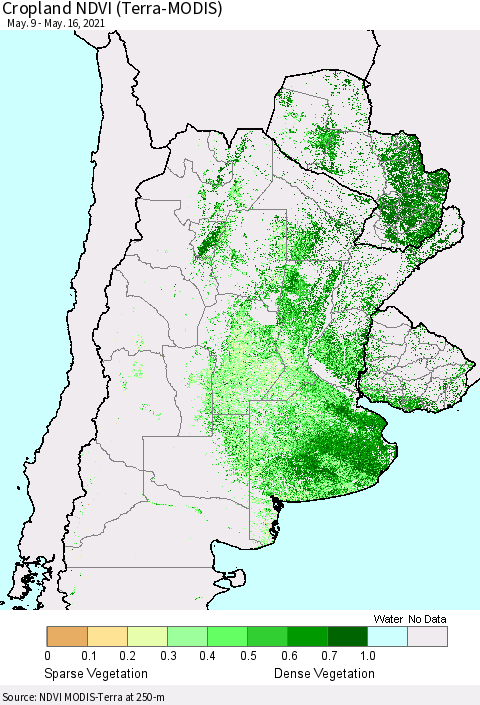 Southern South America Cropland NDVI (Terra-MODIS) Thematic Map For 5/9/2021 - 5/16/2021