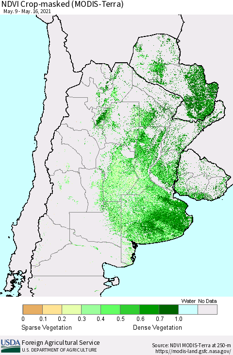 Southern South America Cropland NDVI (Terra-MODIS) Thematic Map For 5/11/2021 - 5/20/2021
