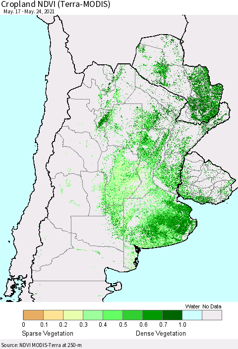Southern South America Cropland NDVI (Terra-MODIS) Thematic Map For 5/17/2021 - 5/24/2021