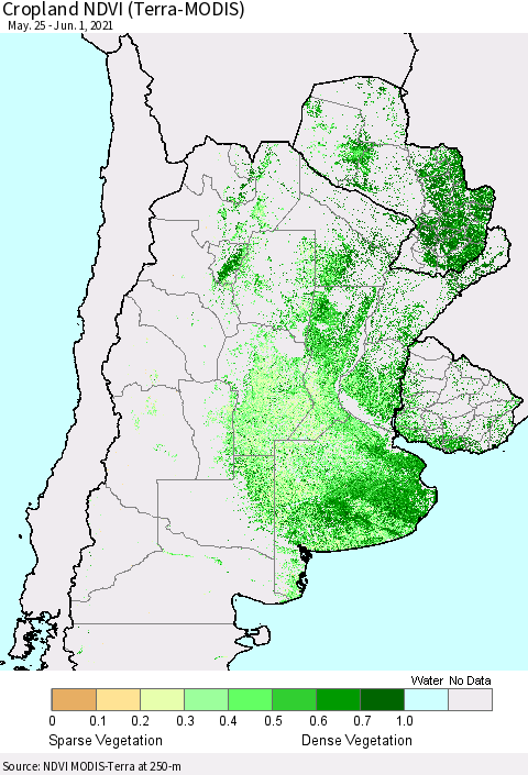 Southern South America Cropland NDVI (Terra-MODIS) Thematic Map For 5/25/2021 - 6/1/2021