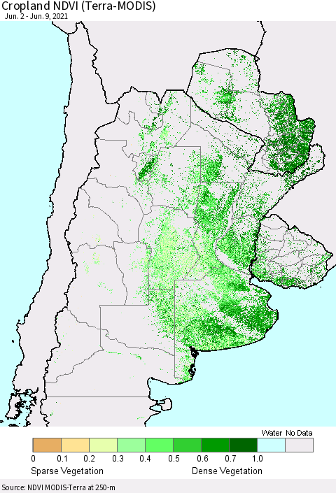 Southern South America Cropland NDVI (Terra-MODIS) Thematic Map For 6/2/2021 - 6/9/2021