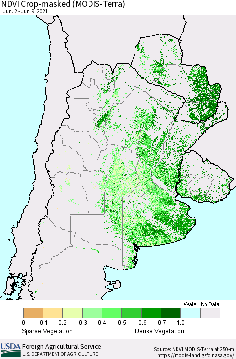Southern South America Cropland NDVI (Terra-MODIS) Thematic Map For 6/1/2021 - 6/10/2021