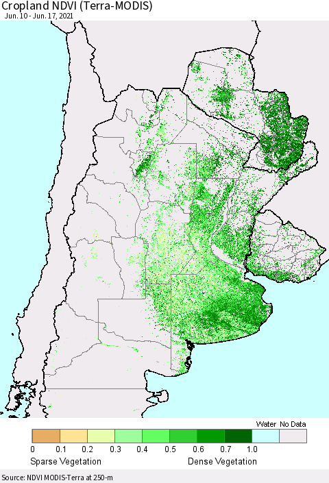 Southern South America Cropland NDVI (Terra-MODIS) Thematic Map For 6/10/2021 - 6/17/2021