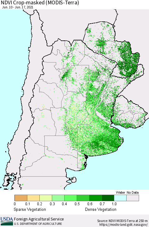 Southern South America Cropland NDVI (Terra-MODIS) Thematic Map For 6/11/2021 - 6/20/2021