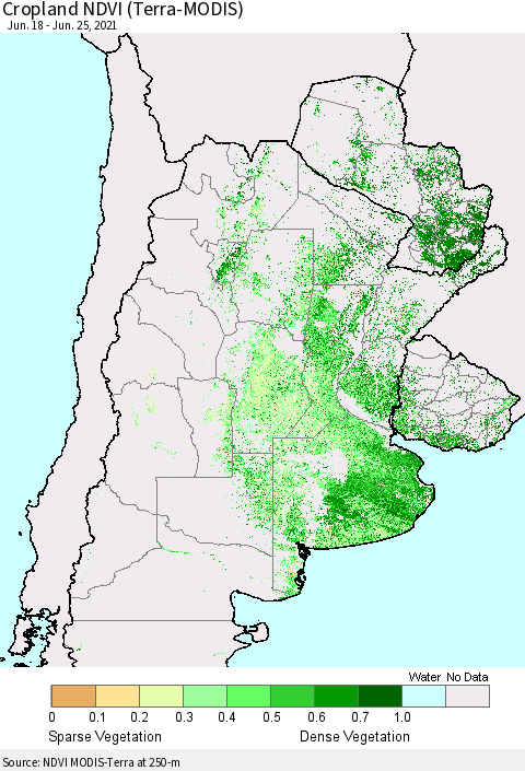 Southern South America Cropland NDVI (Terra-MODIS) Thematic Map For 6/18/2021 - 6/25/2021