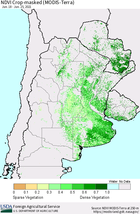 Southern South America Cropland NDVI (Terra-MODIS) Thematic Map For 6/21/2021 - 6/30/2021