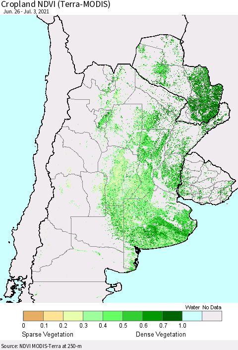 Southern South America Cropland NDVI (Terra-MODIS) Thematic Map For 6/26/2021 - 7/3/2021