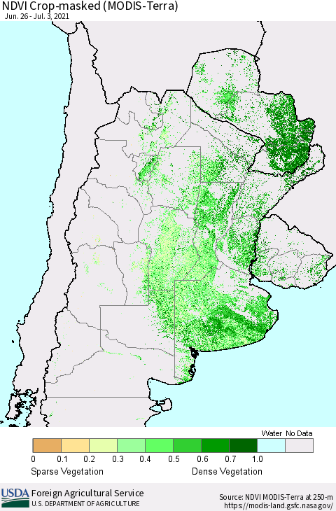 Southern South America Cropland NDVI (Terra-MODIS) Thematic Map For 7/1/2021 - 7/10/2021