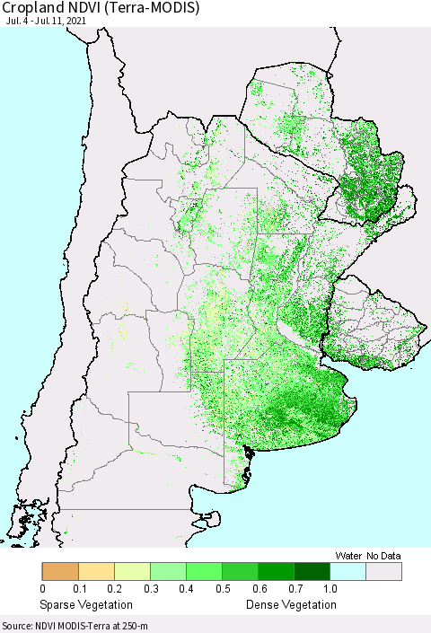 Southern South America Cropland NDVI (Terra-MODIS) Thematic Map For 7/4/2021 - 7/11/2021