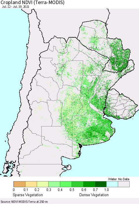 Southern South America Cropland NDVI (Terra-MODIS) Thematic Map For 7/12/2021 - 7/19/2021