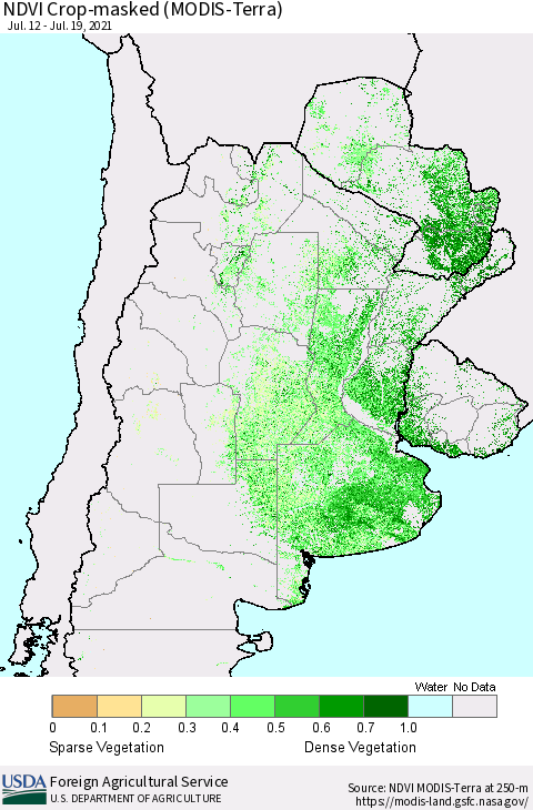 Southern South America Cropland NDVI (Terra-MODIS) Thematic Map For 7/11/2021 - 7/20/2021