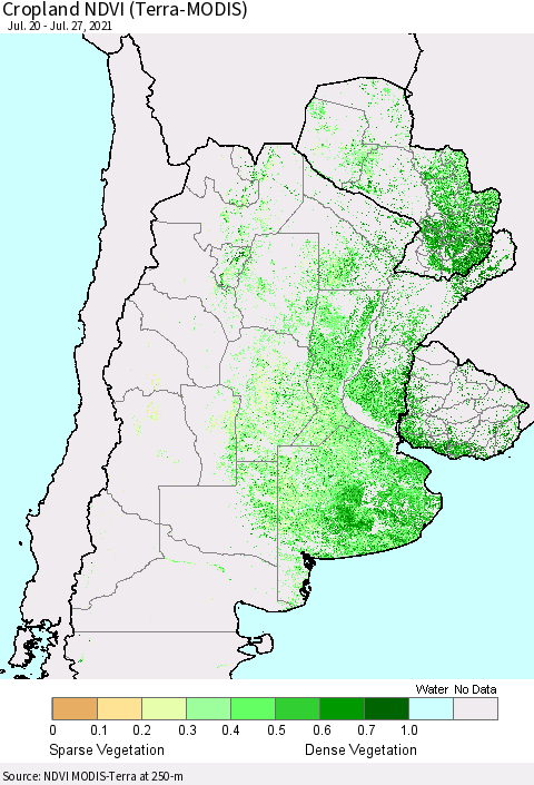 Southern South America Cropland NDVI (Terra-MODIS) Thematic Map For 7/20/2021 - 7/27/2021