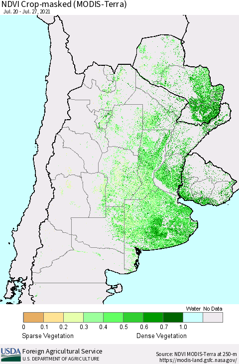 Southern South America Cropland NDVI (Terra-MODIS) Thematic Map For 7/21/2021 - 7/31/2021