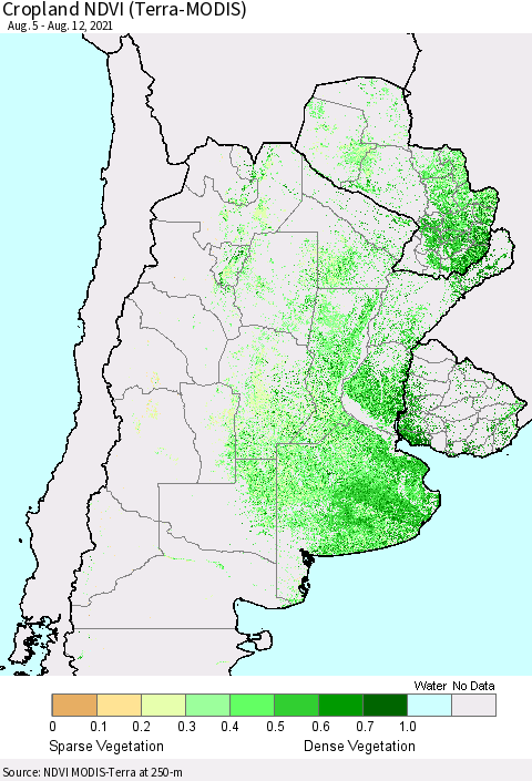 Southern South America Cropland NDVI (Terra-MODIS) Thematic Map For 8/5/2021 - 8/12/2021