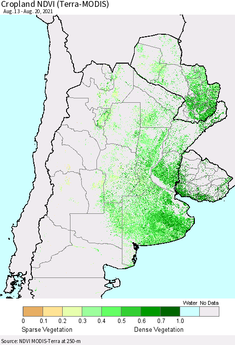 Southern South America Cropland NDVI (Terra-MODIS) Thematic Map For 8/11/2021 - 8/20/2021