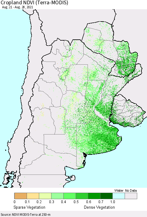 Southern South America Cropland NDVI (Terra-MODIS) Thematic Map For 8/21/2021 - 8/28/2021