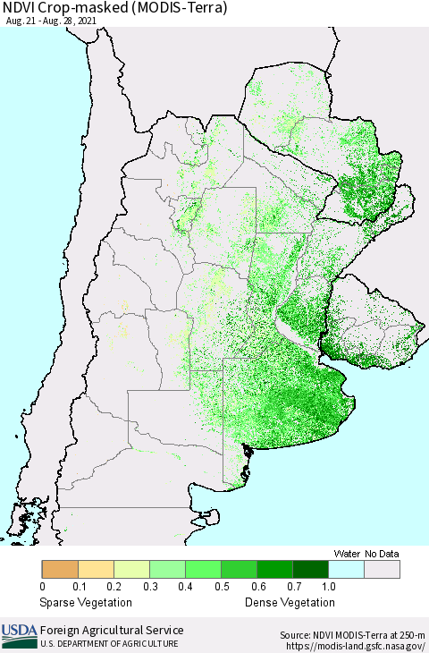 Southern South America Cropland NDVI (Terra-MODIS) Thematic Map For 8/21/2021 - 8/31/2021