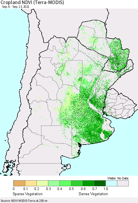 Southern South America Cropland NDVI (Terra-MODIS) Thematic Map For 9/6/2021 - 9/13/2021