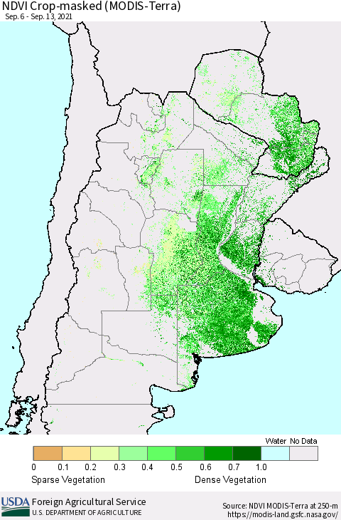 Southern South America Cropland NDVI (Terra-MODIS) Thematic Map For 9/11/2021 - 9/20/2021