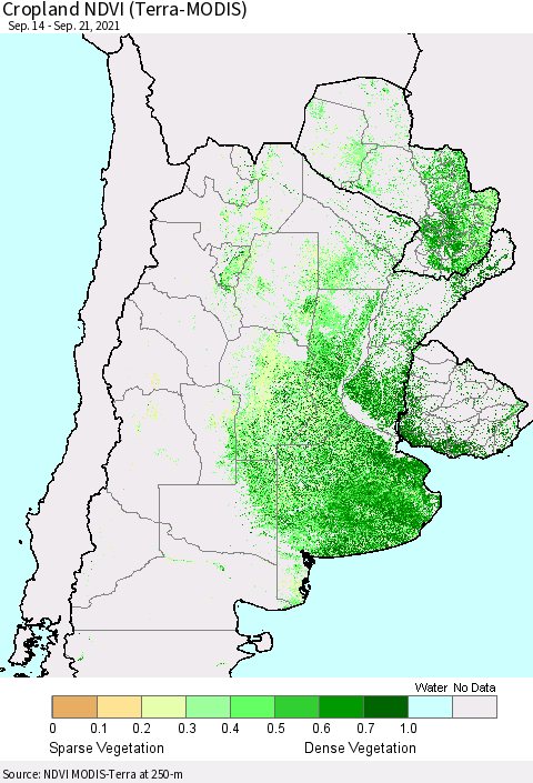 Southern South America Cropland NDVI (Terra-MODIS) Thematic Map For 9/14/2021 - 9/21/2021