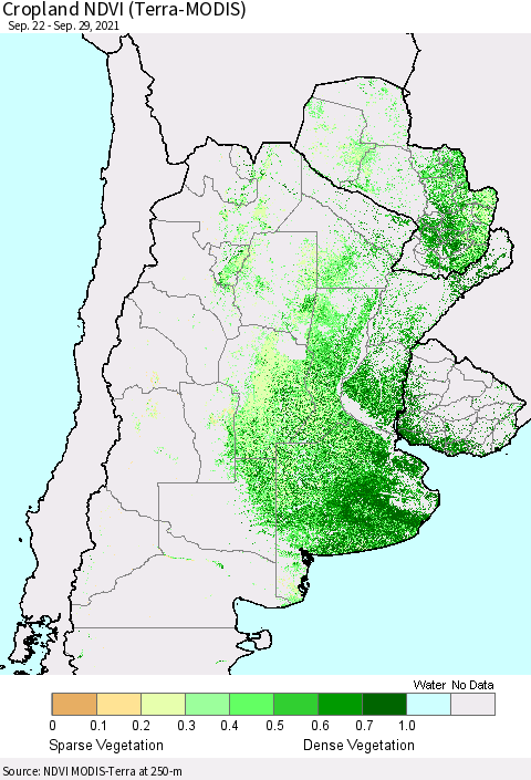 Southern South America Cropland NDVI (Terra-MODIS) Thematic Map For 9/22/2021 - 9/29/2021
