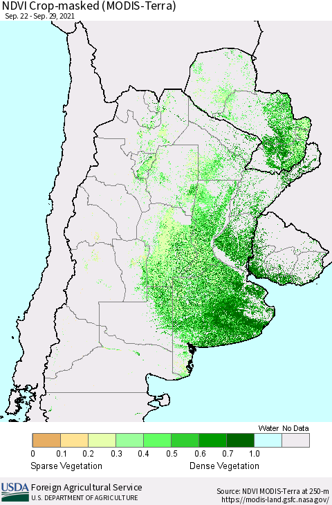 Southern South America Cropland NDVI (Terra-MODIS) Thematic Map For 9/21/2021 - 9/30/2021