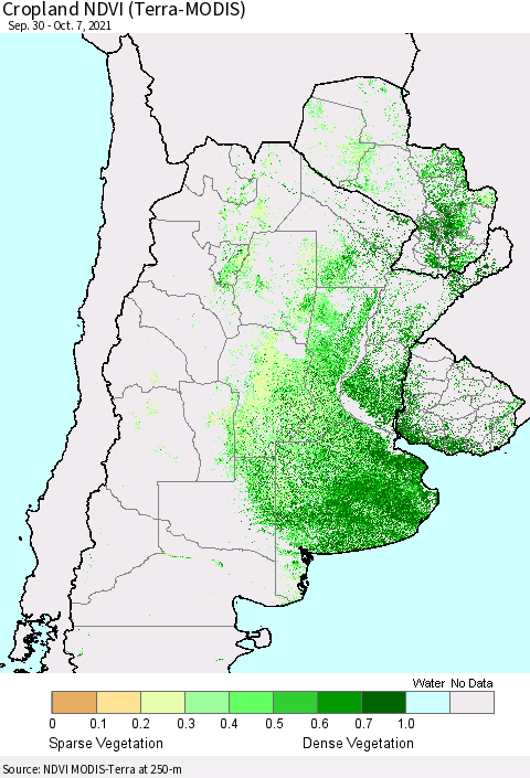 Southern South America Cropland NDVI (Terra-MODIS) Thematic Map For 9/30/2021 - 10/7/2021