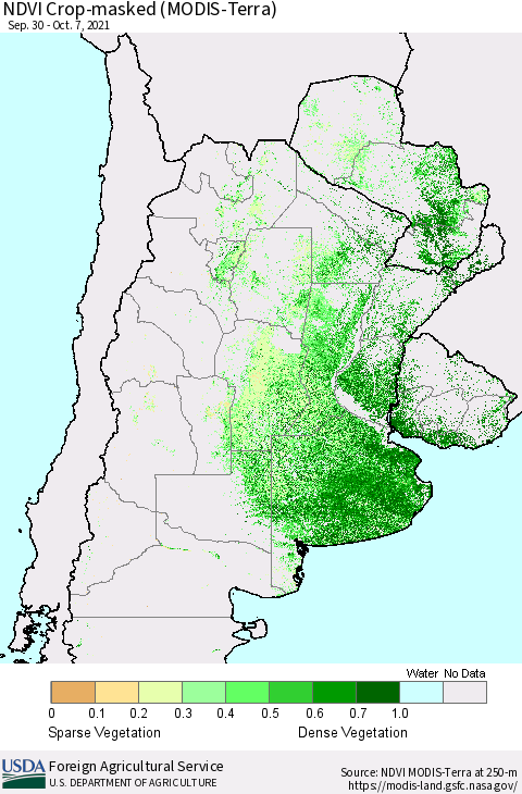 Southern South America Cropland NDVI (Terra-MODIS) Thematic Map For 10/1/2021 - 10/10/2021