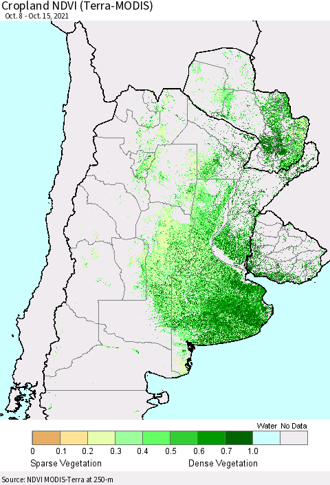 Southern South America Cropland NDVI (Terra-MODIS) Thematic Map For 10/8/2021 - 10/15/2021
