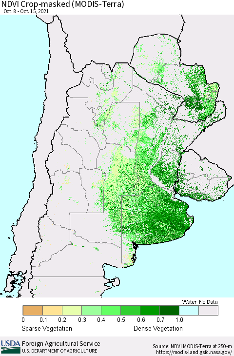 Southern South America Cropland NDVI (Terra-MODIS) Thematic Map For 10/11/2021 - 10/20/2021