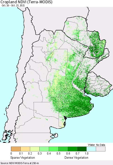 Southern South America Cropland NDVI (Terra-MODIS) Thematic Map For 10/16/2021 - 10/23/2021