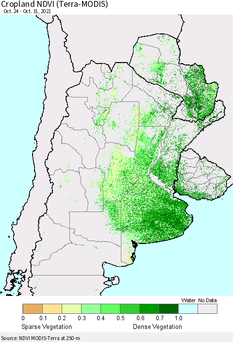 Southern South America Cropland NDVI (Terra-MODIS) Thematic Map For 10/21/2021 - 10/31/2021