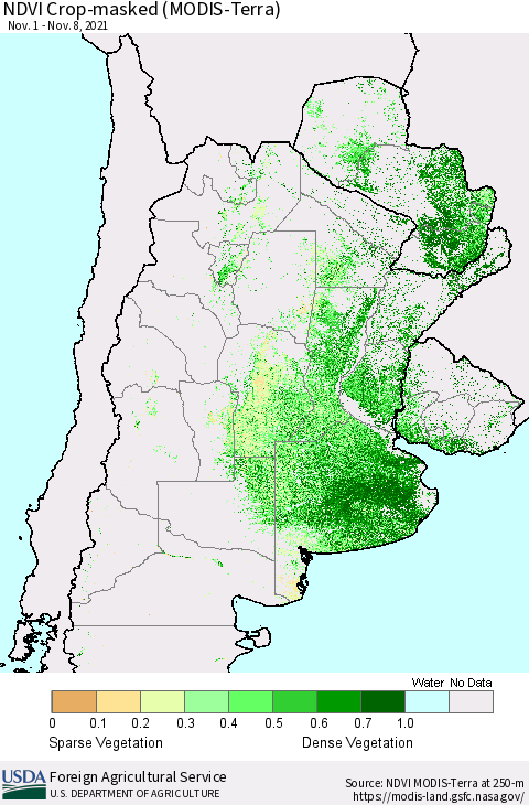 Southern South America Cropland NDVI (Terra-MODIS) Thematic Map For 11/1/2021 - 11/10/2021