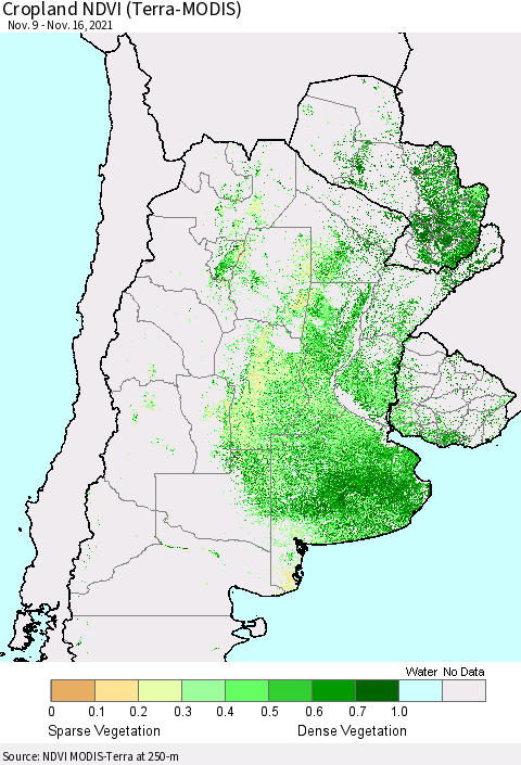 Southern South America Cropland NDVI (Terra-MODIS) Thematic Map For 11/9/2021 - 11/16/2021