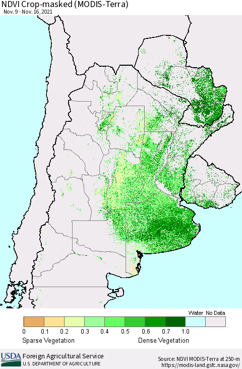 Southern South America Cropland NDVI (Terra-MODIS) Thematic Map For 11/11/2021 - 11/20/2021