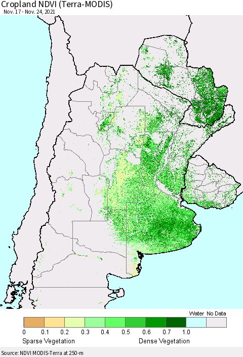 Southern South America Cropland NDVI (Terra-MODIS) Thematic Map For 11/17/2021 - 11/24/2021