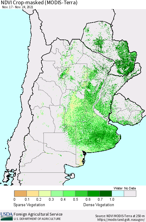 Southern South America Cropland NDVI (Terra-MODIS) Thematic Map For 11/21/2021 - 11/30/2021