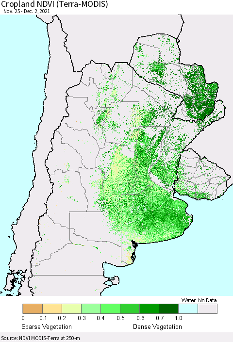 Southern South America Cropland NDVI (Terra-MODIS) Thematic Map For 11/25/2021 - 12/2/2021