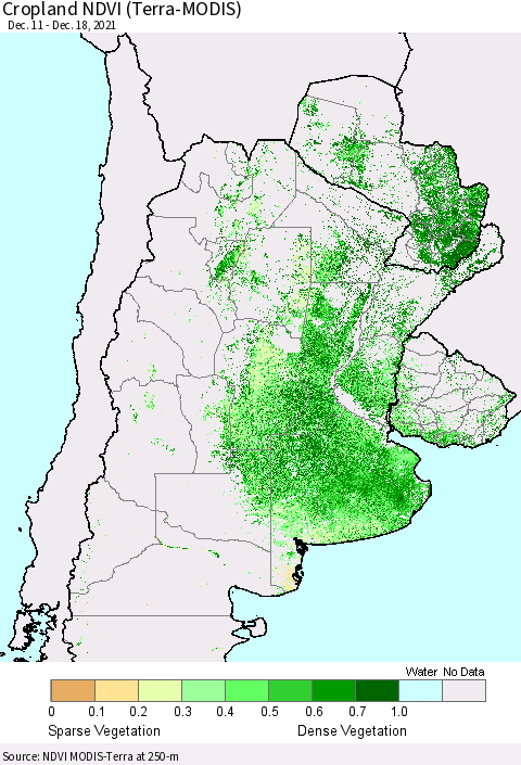 Southern South America Cropland NDVI (Terra-MODIS) Thematic Map For 12/11/2021 - 12/18/2021